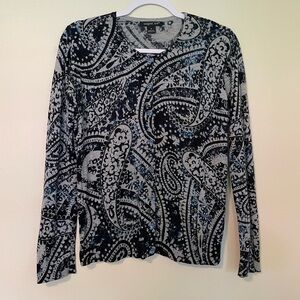 August Silk Grey Black Blue Paisley Button Front Long Sleeve Cardigan Sweater